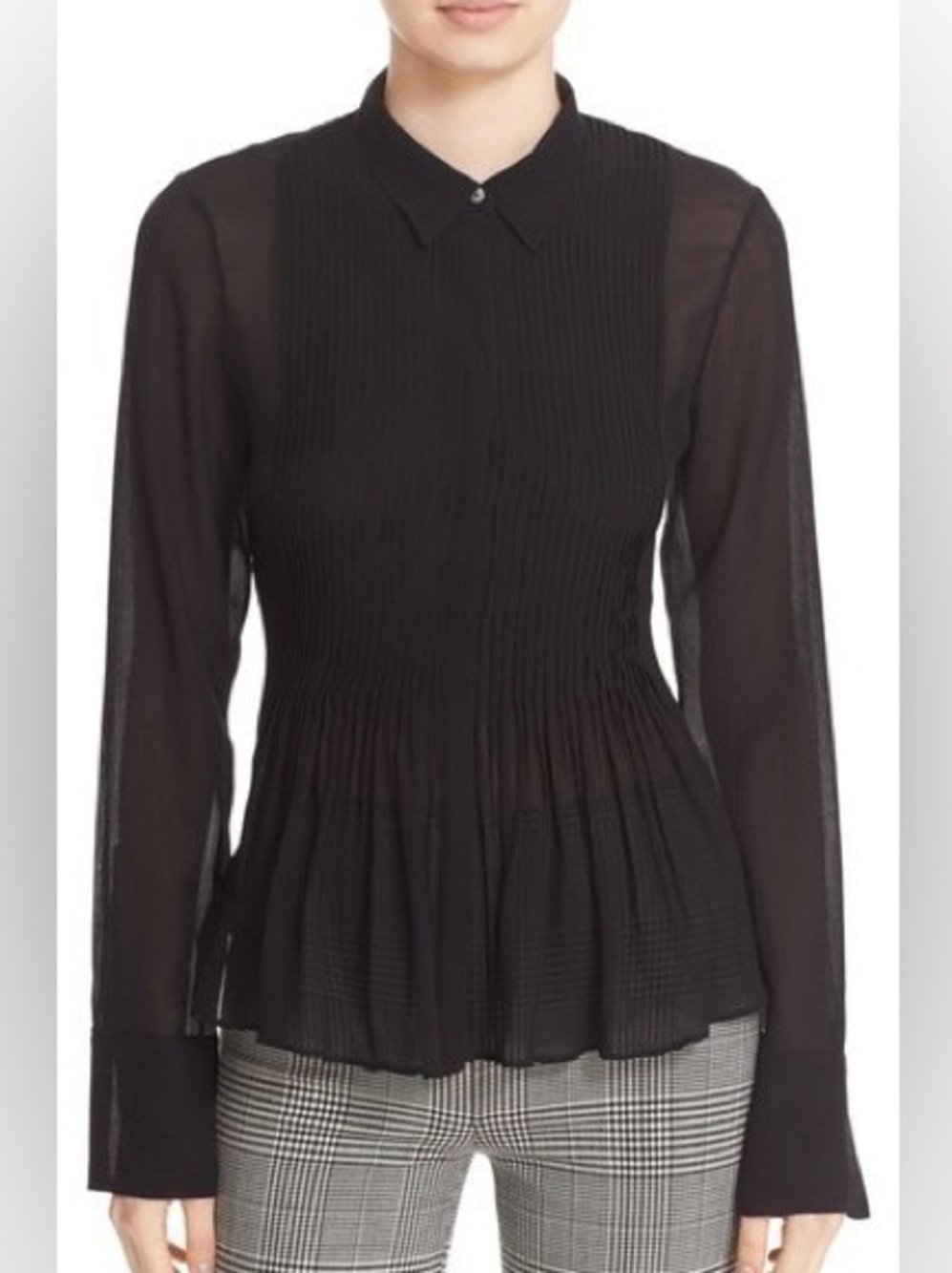 Theory Dionelle Pintuck Pleat Textured Chiffon Blouse 100% Silk Size Small